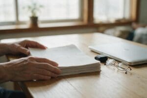 Lista de nomes para receber precatórios: onde consultar, como ler sua posição na fila e o que ela não diz Pessoa conferindo documentos de precatório sobre a mesa, ao lado de óculos e notebook